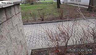 natural euro amateur couple sucks and fucks with a monster cock in public, leading to blowjob, creampie, and pov action