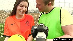 teen female footballer gives outdoor blowjob and fucks photographer for cumshot