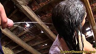 Jizz Faced Whore Pees Golden Shower!