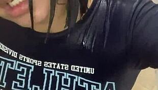 Young brunette babe fucks roommate in dorm bathroom