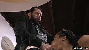 banker bangs ebony teen 18+ in bondage, gagging on cock with cumshot 😈