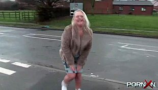 british blonde flashes perky tits and shaved pussy in public outdoor reality!