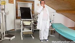 Mature Emily Devine examined and forced to climax in gyno chair by odd doctor