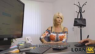 In this office interview, the blonde begs for cash with sex 😏