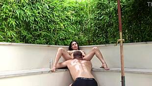 oiled milf enjoys amazing sex with bodybuilder in garden