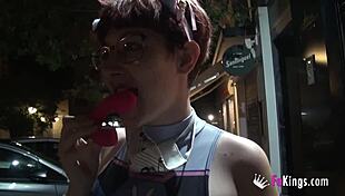 Busty teen Meraki gives FREE PUBLIC BLOWJOBS in the street, wearing costumes