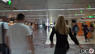 Blonde pornstar gives deepthroat blowjob to a tramp.