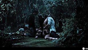 busty chick gets fucked by three dudes in forest