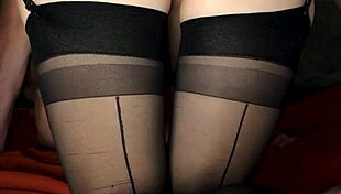 Slutty brunette in stockings gets her ass fucked doggystyle and cum on ass