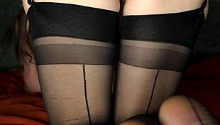 Slutty brunette in stockings gets her ass fucked doggystyle and cum on ass