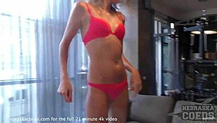 Skinny Tanned Model Strips, Dances, and Masturbates on Sofa