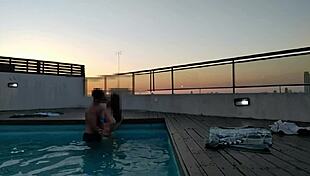 cumming a lot in the pool at sunset - accounter adventure with big black cock