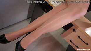 Secretary Wears Ultra Shiny Nude Pantyhose For Foot Handjob