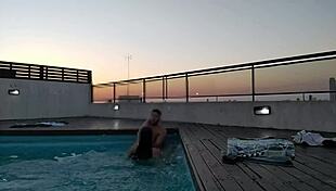 cumming a lot in the pool at sunset - accounter adventure with big black cock