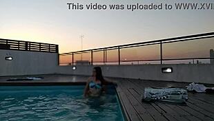 cumming a lot in the pool at sunset - accounter adventure with big black cock