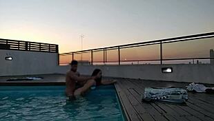 cumming a lot in the pool at sunset - accounter adventure with big black cock