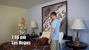 Blonde milf licks stepson's cock in hotel bed!