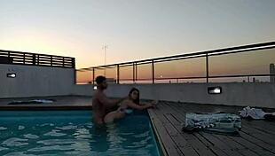 cumming a lot in the pool at sunset - accounter adventure with big black cock