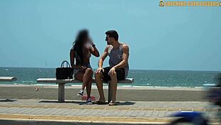 this brown babe with big fake tits gets on her knees at the beach, then gets taken home where her pussy gets totally destroyed.