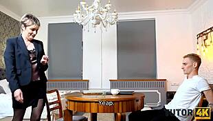 Mature tutor without glasses gets seduced by disciple in stockings and doggystyle