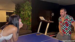 brunette babe loses ping pong, clothes ripped, dominated by big cock