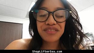 teen shoplifter caught stealing high heels, ends up stripping and riding cock in the shop.