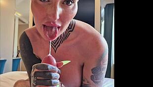 Tattooed babe says, 'Fuck my big tits and deepthroat'