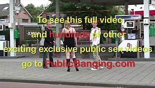 Very pregnant girl in public gangbang threesome at gas station. Group sex exposed!