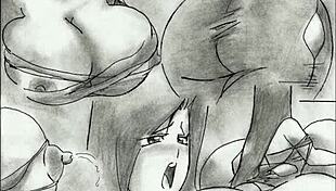 Giantess grows huge tits in animated hentai comic