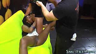 Ebony whore in heels receives bukkake facial