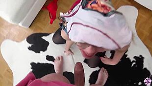 Hot blonde in glasses enjoys rough riding and nipple licking.