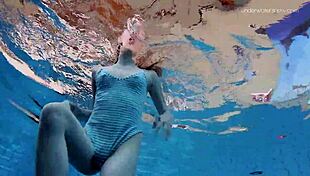 Striped swimsuit teen anna netrebko strips by the pool