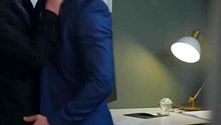 Wow, deepthroat action in the office with big cocks 😏