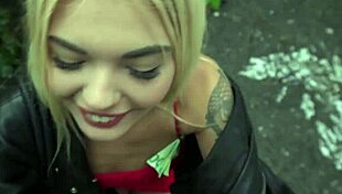 hot blonde in red dress sucks dick in public and gets fucked