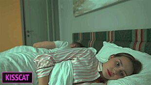 step son distracts step mom for handjob in shared bed, leading to rough fuck