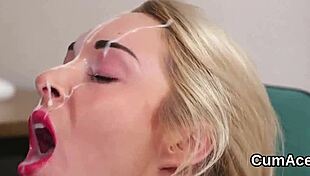 the spicy honey got a jizz load on her face sucking all the semen