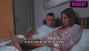 step son distracts step mom for handjob in shared bed, leading to rough fuck