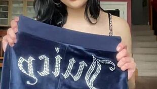 brunette student unboxes and tries on juicy couture velour tracksuit