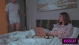 step son distracts step mom for handjob in shared bed, leading to rough fuck