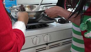 cooking in the kitchen with an upskirt view