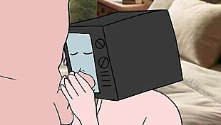 Tv woman sucks cameraman's cock while he licks her pussy in anime hentai toilet scene