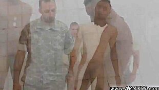 Gay military men engage in hairy first-time sex in army setting