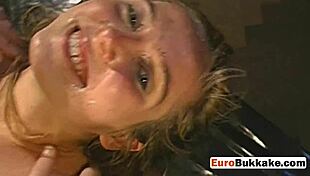 European girl feels ecstatic during blowbang and bukkake session
