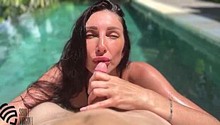 Hot milf fucked by the pool, cum on face