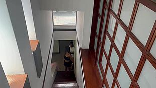 I’m banging my real estate client while his fiancée checks the kitchen, seducing him on stairs with my pussy and ass for a secret quickie