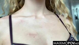 this russian babe is sucking a huge cock, gagging and deepthroating it all. pov view shows her cute face and small tits.