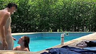 Natasha And Megan Tan Outdoors While Guy Cleans Pool, Then Swim Naked With Him