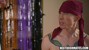 Intense Halloween gay threesome with twinks fucking hard