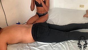 Curious stepbrothers massage ebony latina bodies with natural tits