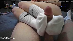 Blonde Miley Grey's sexy footjob in long socks contrasts with monster cock fetish